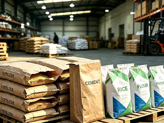 Industrial kraft paper bags in warehouse